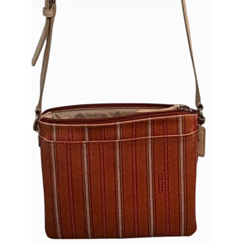 Coach Women's Brown Striped Crossbody Bag Zip Adjustable Strap Silver Hardware